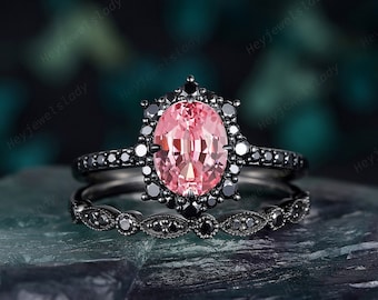Unique Black Gold Oval Pink Sapphire Engagement Ring Set, Vintage