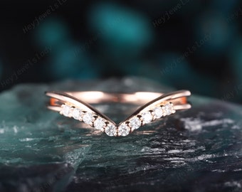 Diamond Curved Wedding Band, 14K 18K Rose Gold Diamond Chevron Nesting Band, V Shaped Matching Band,  Diamond Stack Band Anniversary Ring