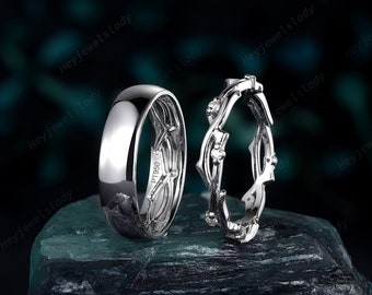 His and Hers Diamond Ring Set, Platinum Wedding Band, Twig Branch Matching Band, Couple Promise Ring Set , 14K 18K White gold Men&#39;s Band