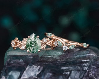 Pear Shaped Moss Agate Engagement Ring Set Vintage Gold Rings