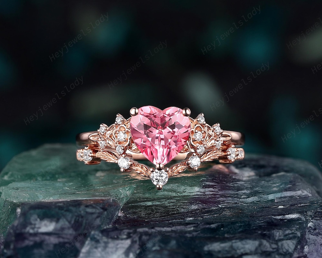 Unique Heart Shape Pink Sapphire Flower Engagement Ring, Art Deco