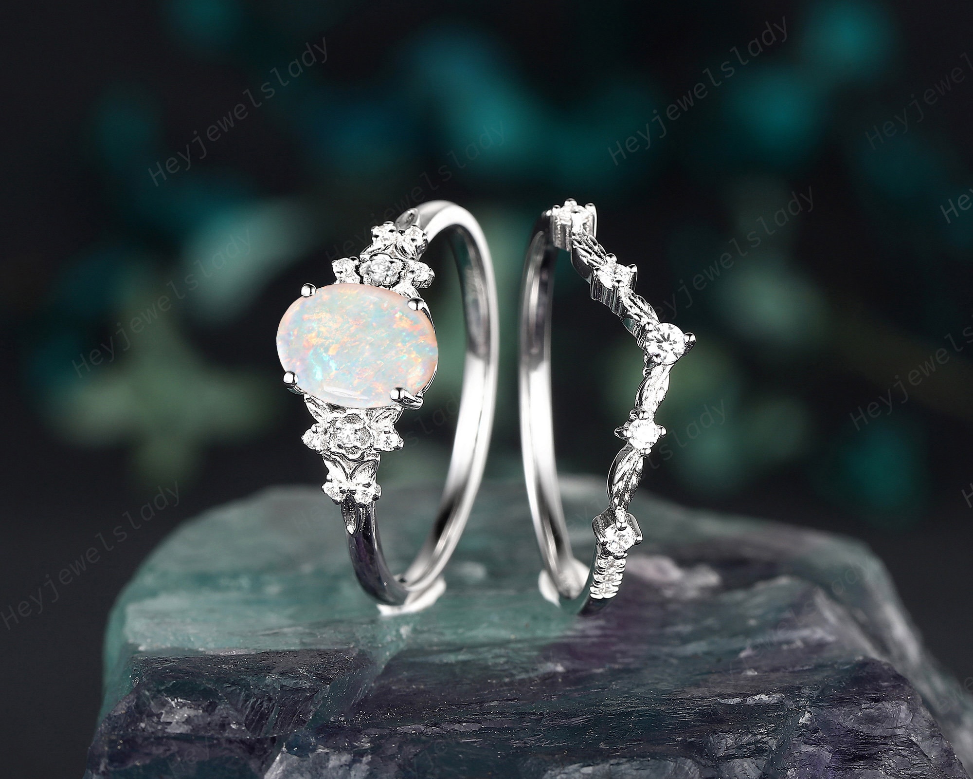 10k White Gold Oval Opal & Diamond Ring - 7x5mm Natural Opal, 0.25 Ct Diamond Accents, Size 5