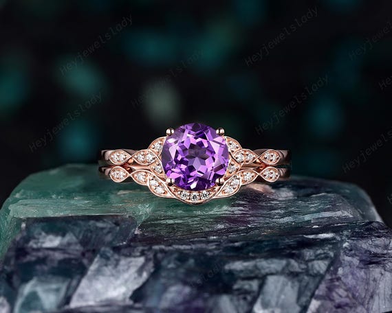 Unique Round Shape Natural Purple Amethyst Engagement Ring Set
