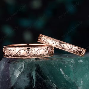 His and Hers Nature Inspired Floral Wedding Set, Full Eternity Rose Gold Engagement Matching Band Couple Set Promise Ring for Man and Woman