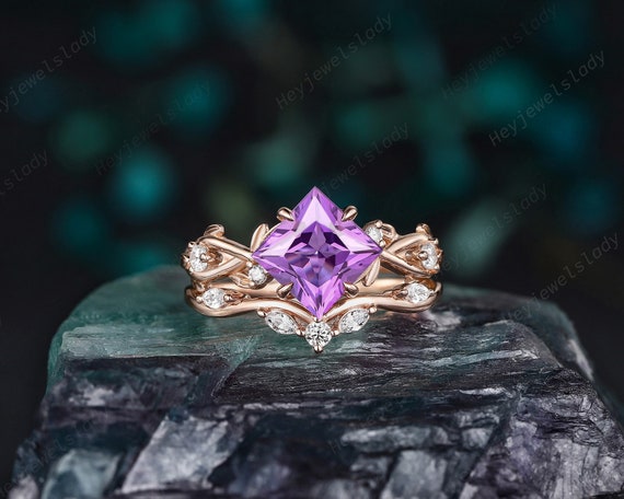 Vintage Princess Cut Amethyst Leaf Engagement Ring Set, Rose Gold