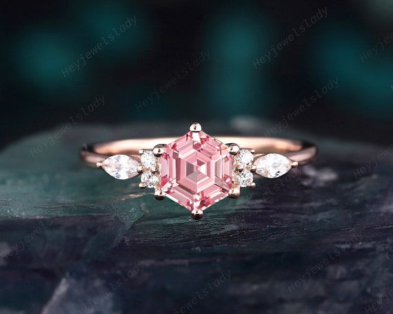 Unique Hexagon Pink Sapphire Engagement Ring, Cute Rose Gold Peach