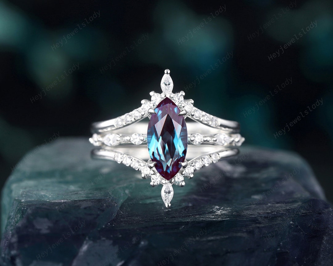 Vintage Marquise Alexandrite Engagement Ring Set, Unique White Gold June Birthstone Wedding