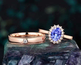 His and Hers Natural Blue Tanzanite  Halo Engagement Ring, Milgrain Wedding Band Rose Gold Matching Band Couple Promise Ring, Men's Band
