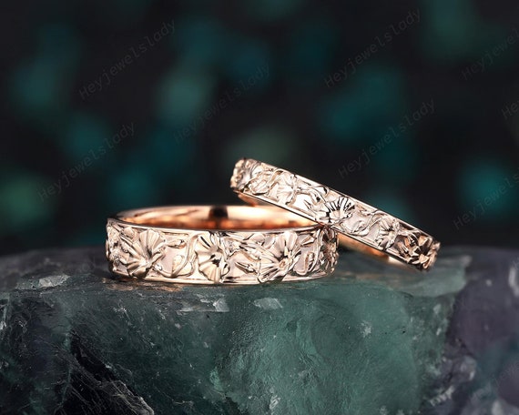 His and Hers Morning Glory September Birth Flower Leaf Wedding Set, Full Eternity Rose Gold Engagement Matching Band Couple Set Promise Ring