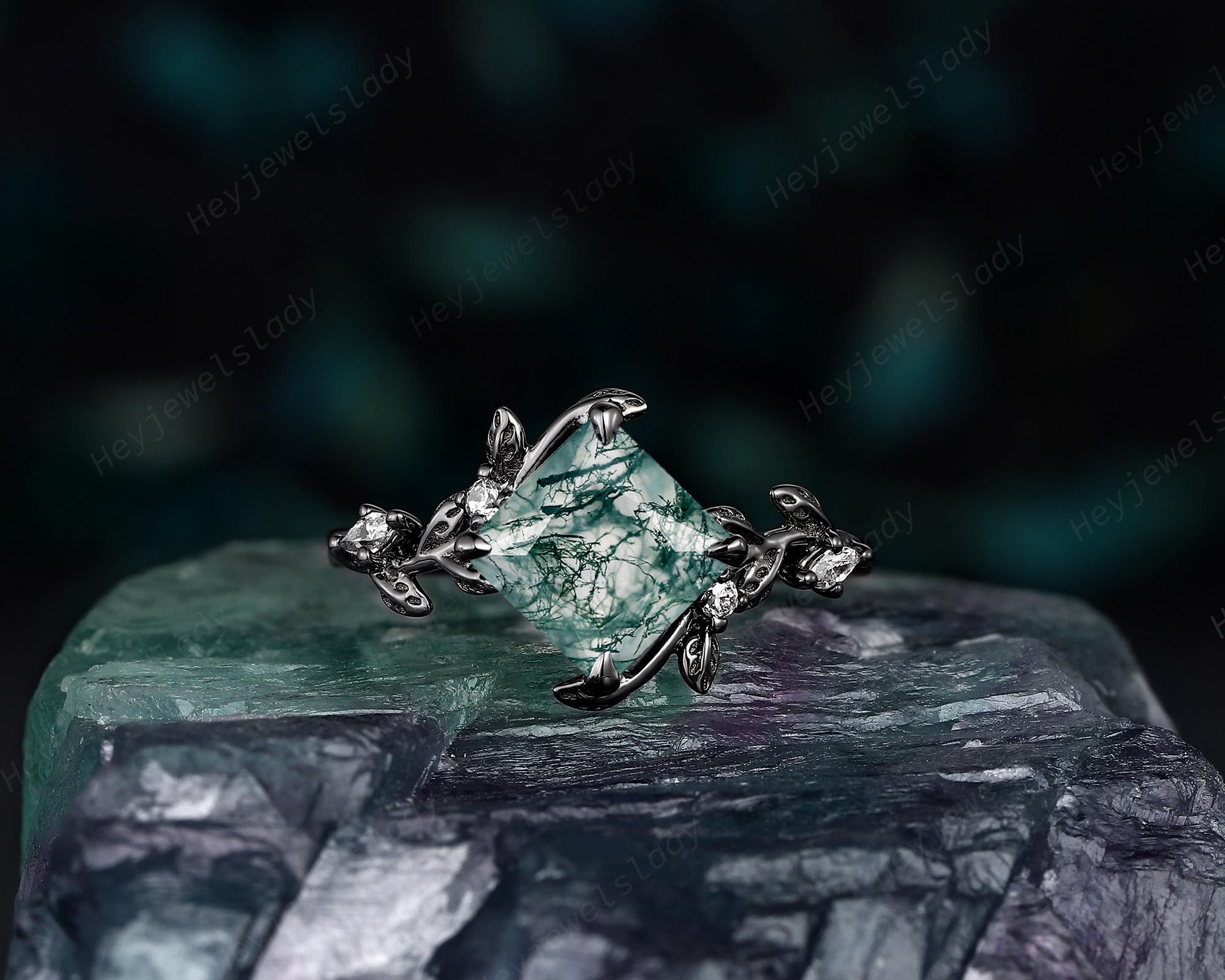 Black Rhodium Princess Cut Moss Agate Leaf Engagement Ring, Gothic