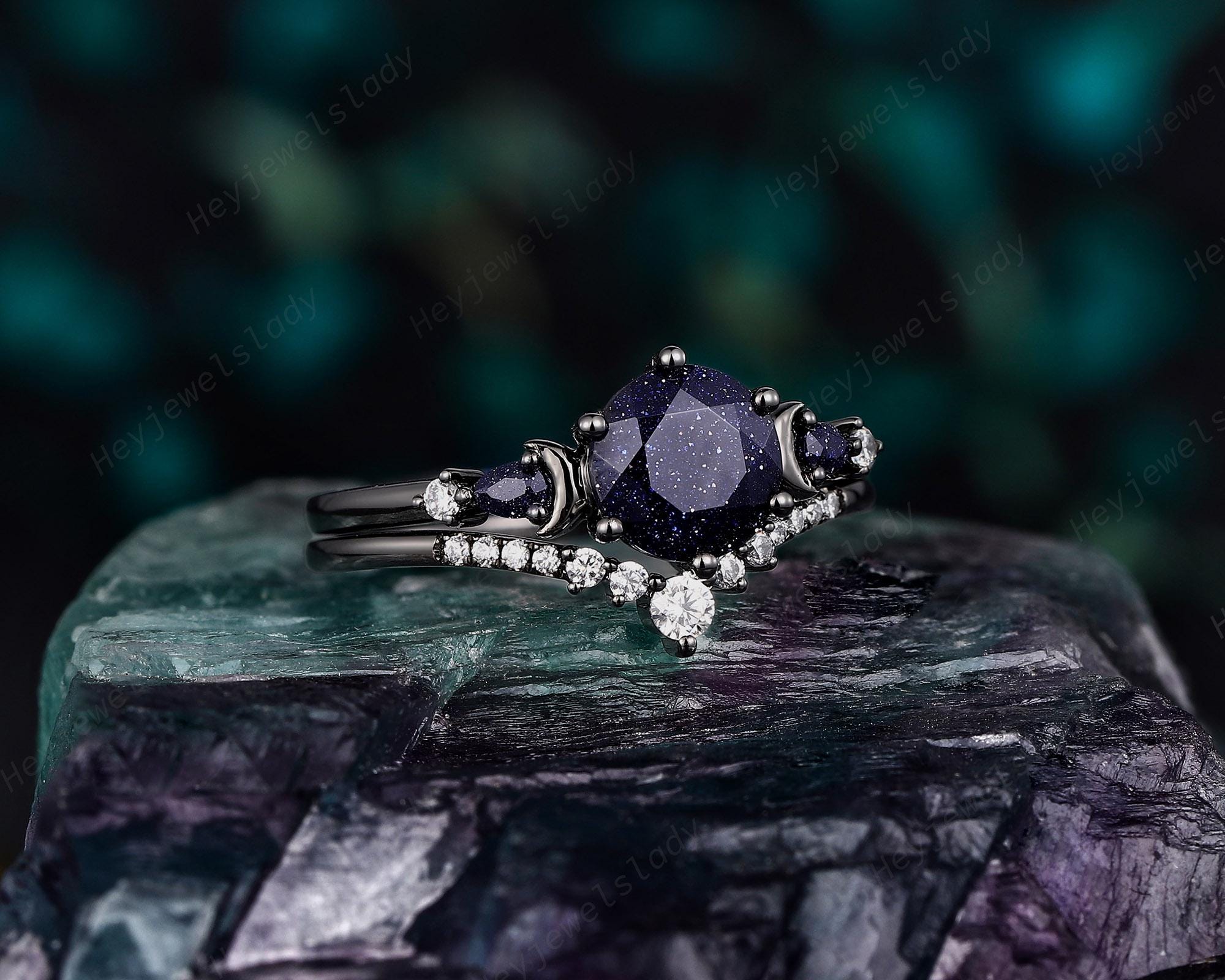 アスティエ　クリスマスオーナメント　ENGAGEMENT RING Gothic Crescent Blue Sandstone Engagement Ring Set Unique 14K