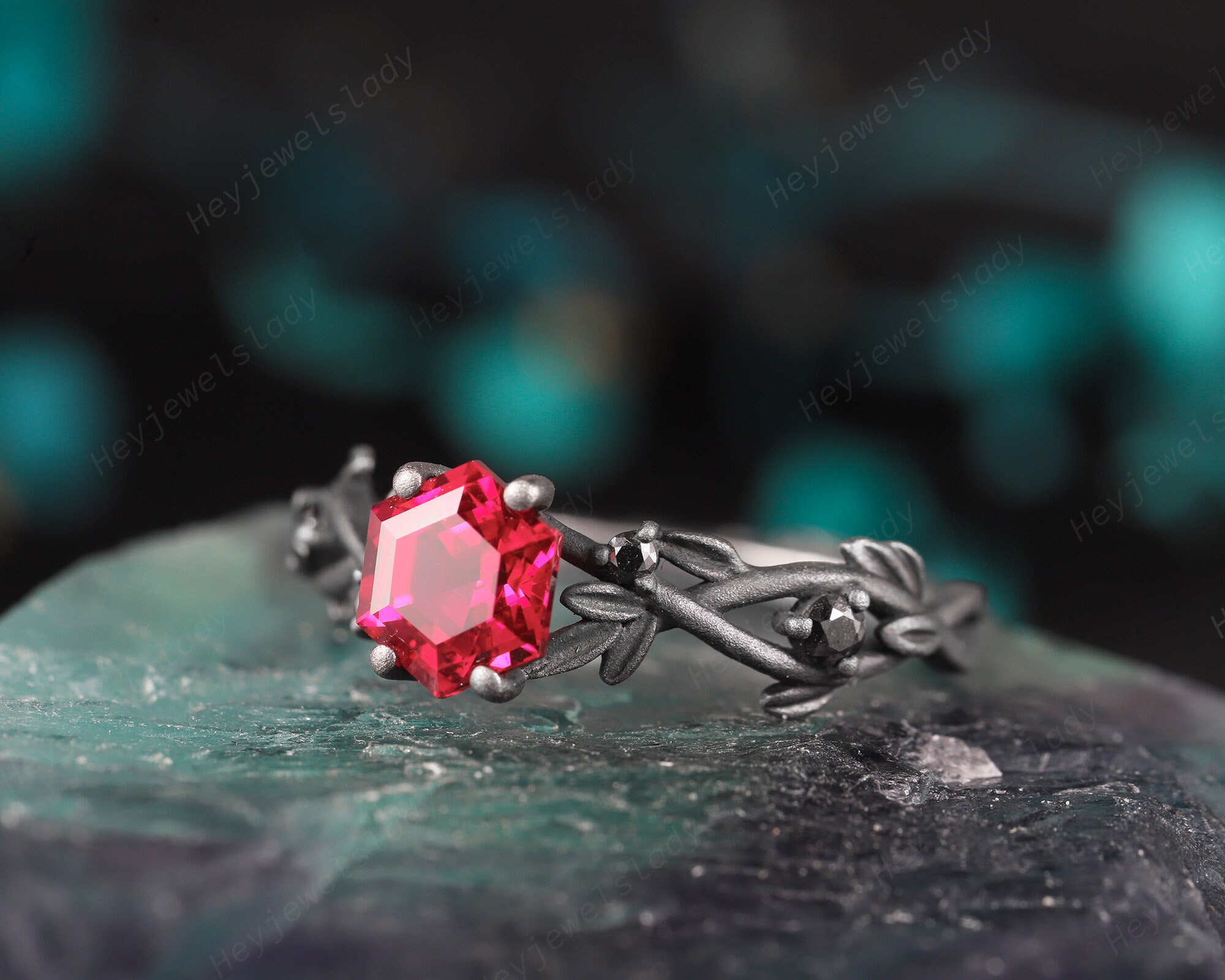Gothic Black Gold Plated Hexagon Ruby Engagement Ring Rhodium