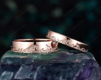 Unique His and Hers Ocean Wave Wedding Set, Full Eternity Sea Surf Rose Gold Engagement Matching Band Couple Set Promise Ring for Man Woman