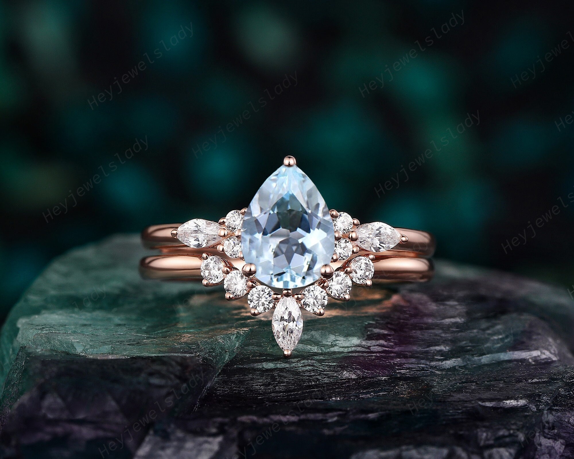Vintage Pear Shape Natural Aquamarine Engagement Ring Set, Rose Gold Promise Ring , March Birthstone Bridal Set, Wedding Ring Gift for Women