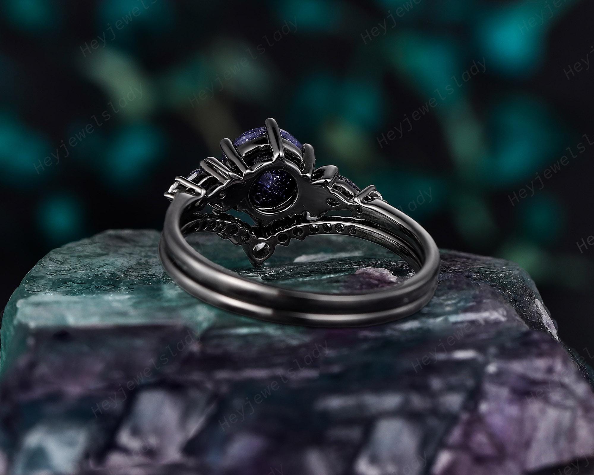 Gothic Crescent Blue Sandstone Engagement Ring Set Unique 14K