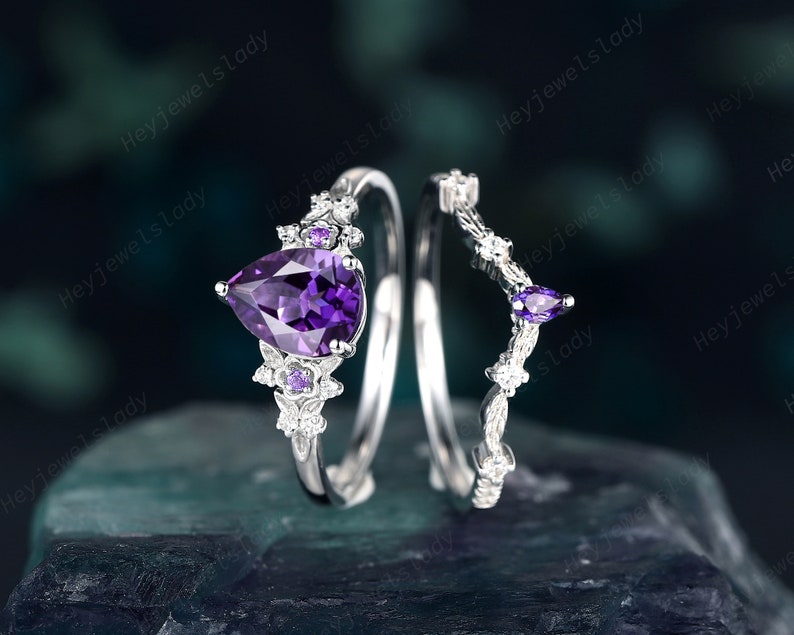 Platinum Pear Shape Amethyst Floral Engagement Ring Set Etsy