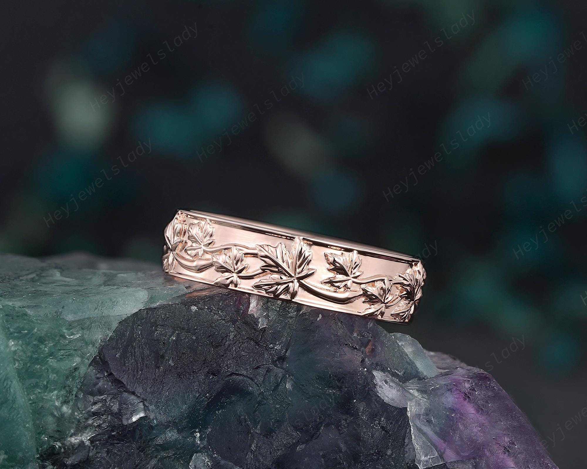 Full Eternity Maple Leaf Men's Wedding Band, Rose Gold Engagement
