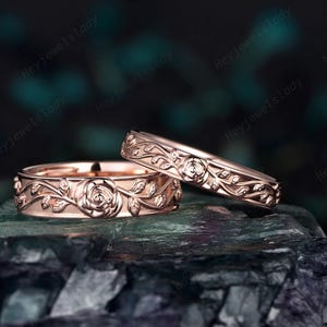 His and Hers Full Eternity Rose Flower Leaf Wedding Set, Rose Gold Engagement Band, Nature Inspired Matching Band, Couple Set Promise Ring