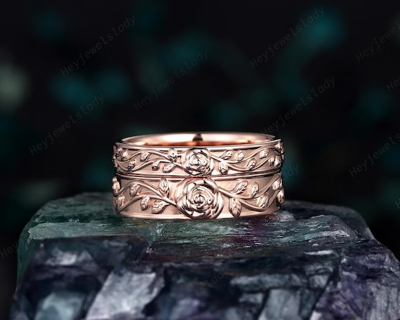 His and Hers Full Eternity Rose Flower Leaf Wedding Set, Rose Gold