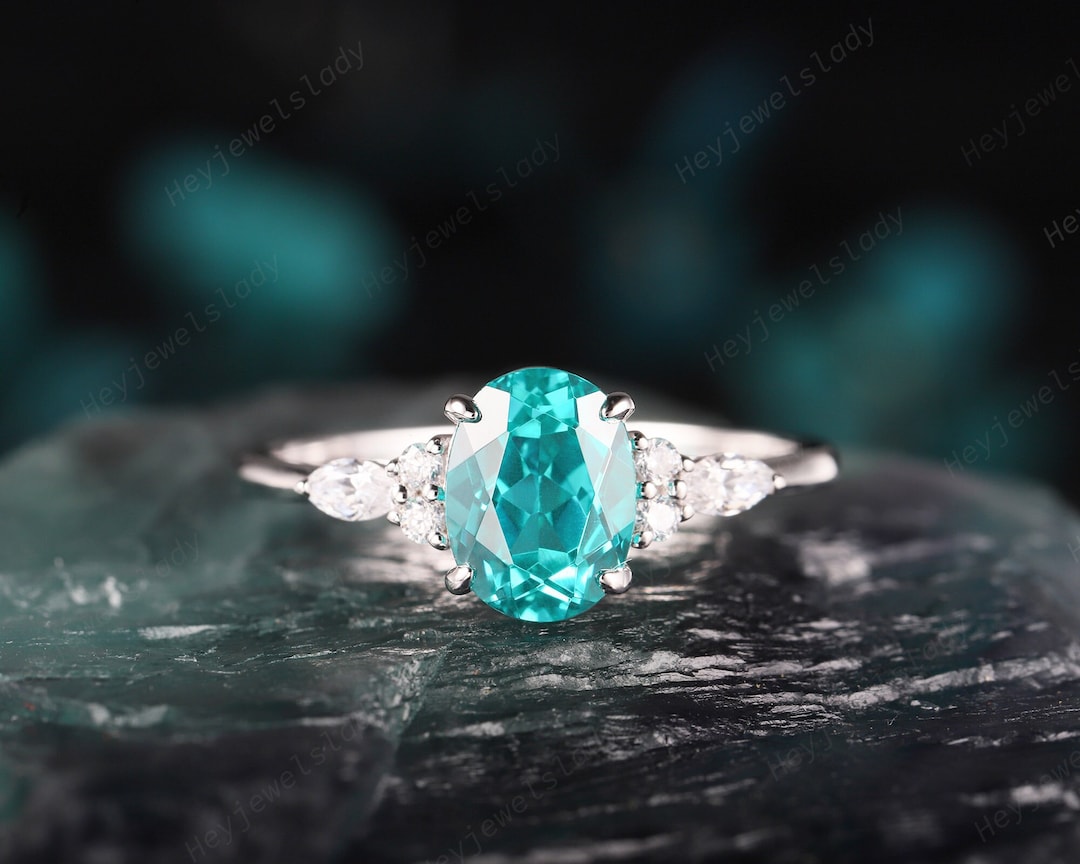 Oval Blue Tourmaline Engagement Ring Pave Diamond Wedding 14K White Gold  6x8mm
