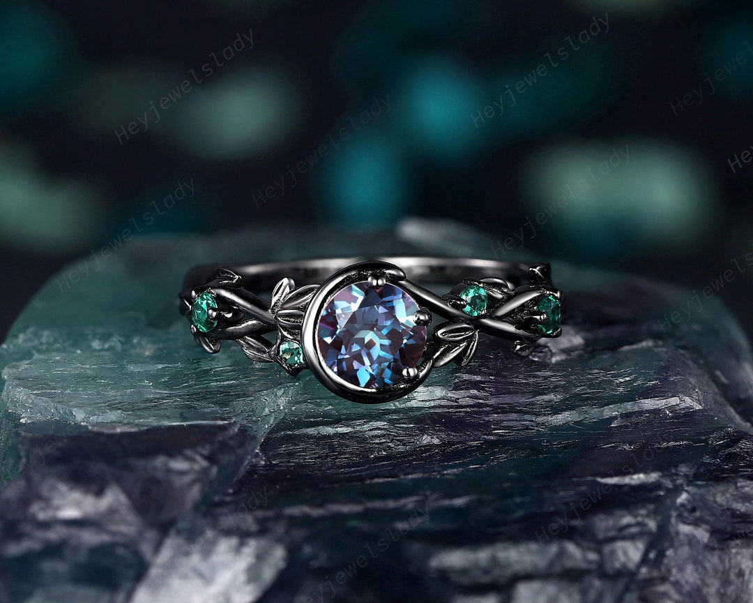 Black Gold Round Shape Alexandrite Engagement Ring, Moon and Star