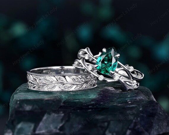 Platinum His and Hers Emerald Twig Couple Set, White Gold Wedding