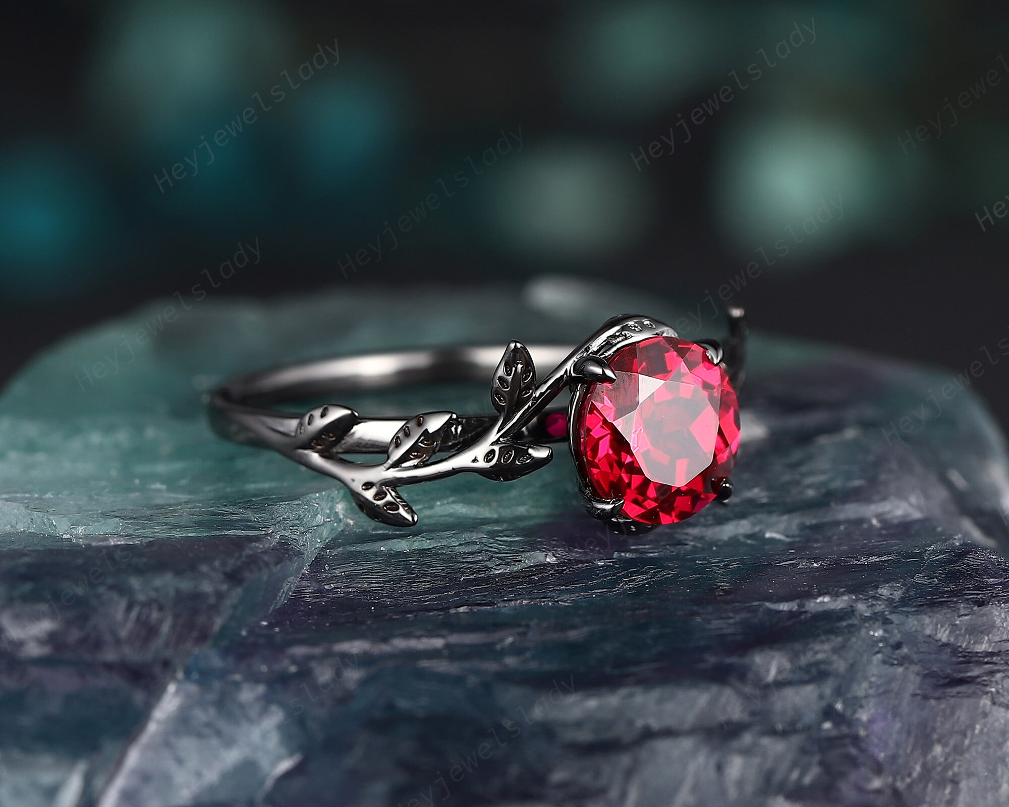 Vintage Black Gold Finish Round Ruby Leaf Engagement Ring , Rhodium ...
