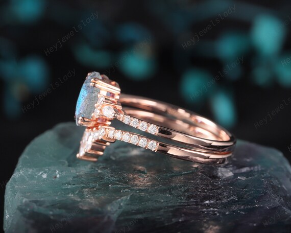 Buy Vintage Oval Blue Labradorite Engagement Ring Set, Rose Gold