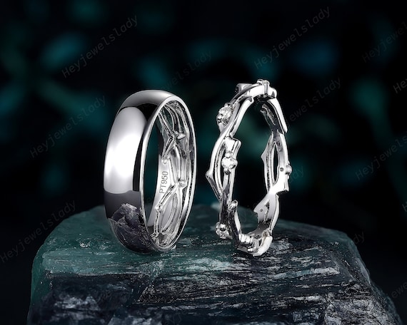 His and Hers Diamond Ring Set, Platinum Wedding Bands, Twig Branch Matching Bands, Couple Promise Ring Set, 14K 18K White Gold Men's Bands