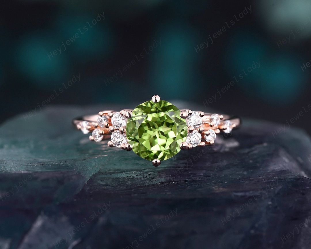 Unique Round Cluster Peridot Engagement Ring, Rose Gold Snowdrift