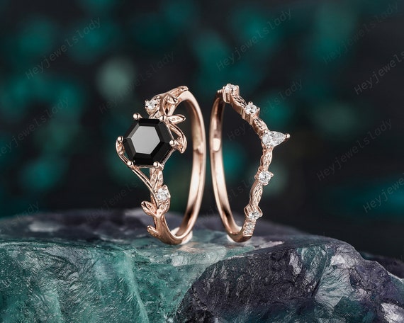 Unique Twig Branch Hexagon Black Onyx Engagement Ring Set, Rose
