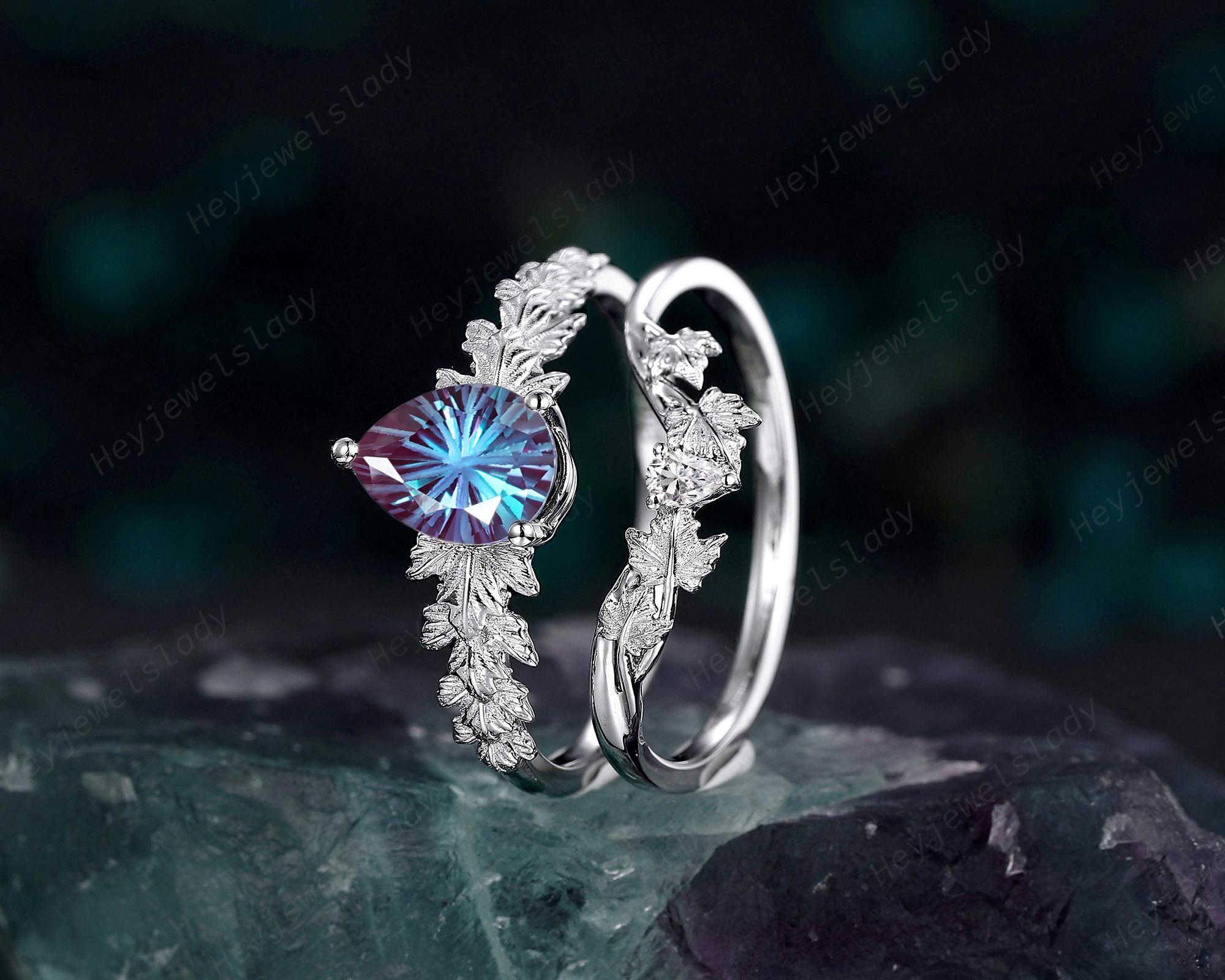 Platinum Pear Shape Fireworks Alexandrite Engagement Ring Set 18K