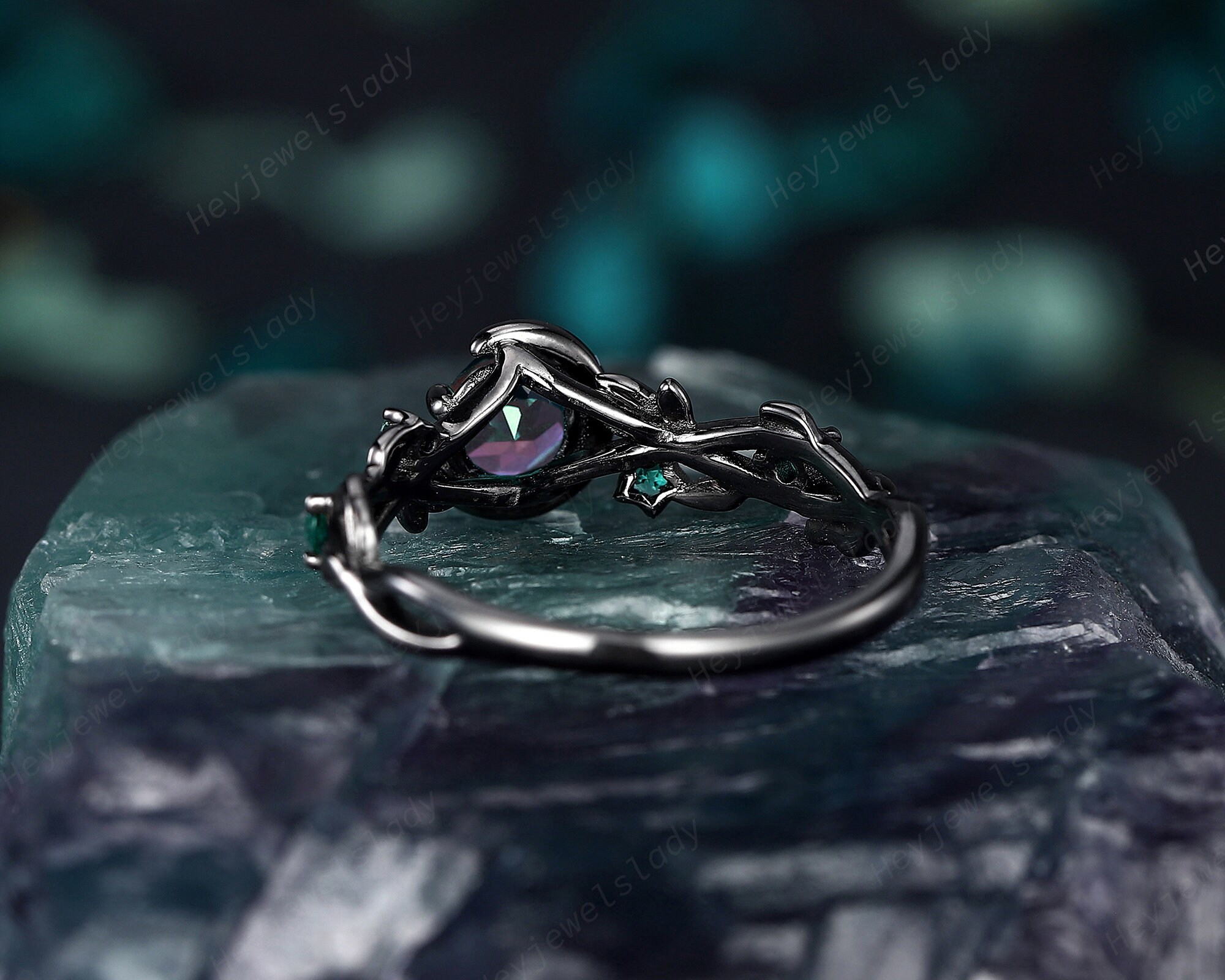 Black Gold Round Shape Alexandrite Engagement Ring, Moon and Star