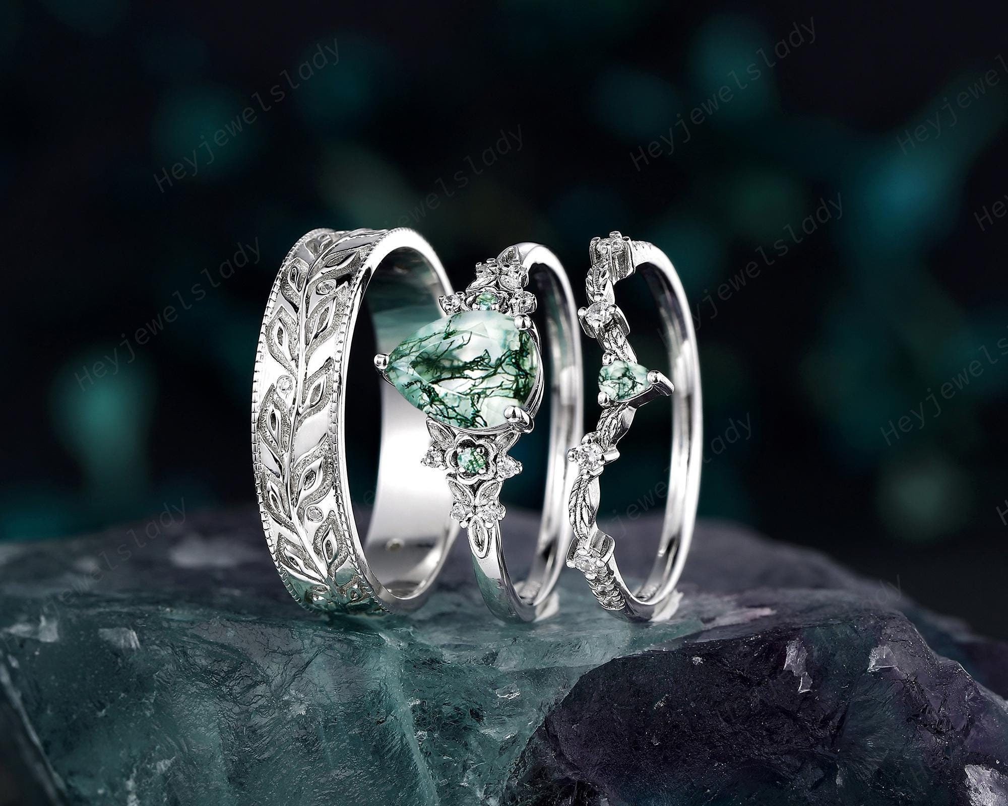 Platinum His and Hers Moss Agate Twig Floral Couple Set, White Gold Wedding Band, Silver Full Eternity Men Women Matching Band Promise Ring