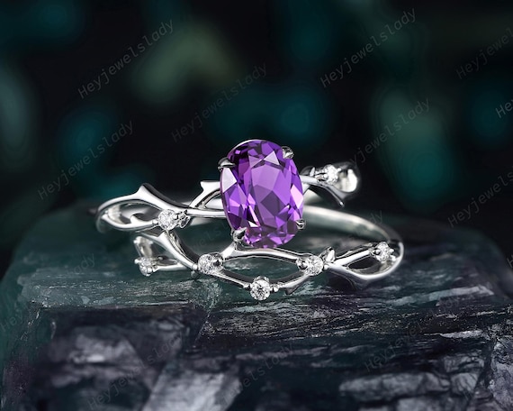 Platinum Oval Shape Purple Sapphire and Diamond Engagement Ring