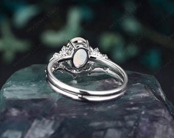 Oval Shape Natural Australian White Opal and Diamond Engagement Ring, 14K  18K White Gold Floral Wedding Set, Vintage Promise Ring Bridal Set
