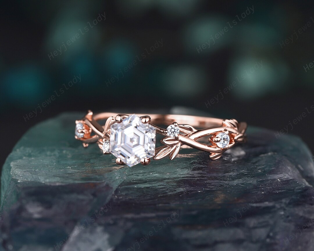 Vintage Hexagon Moissanite Engagement Ring, Unique Leaf Promise Ring