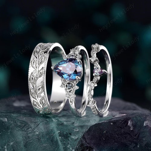 Platinum His and Hers Alexandrite Leaf Couple Set, White Gold Platinum His and Hers Alexandrite Leaf Couple Set, White Gold