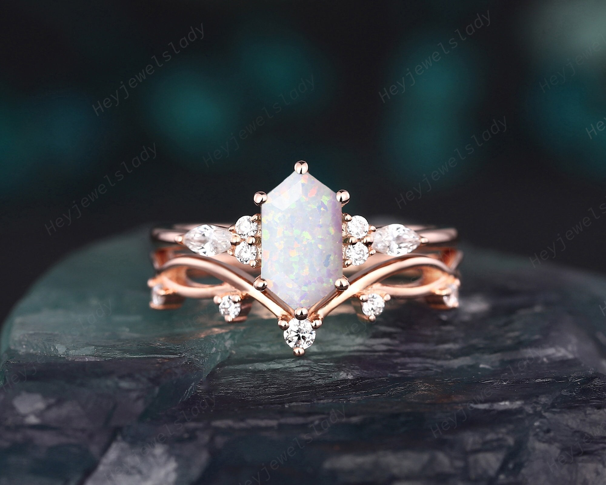 Unique Long Hexagon White Fire Opal Engagement Ring Set, Vintage Solid Rose Gold Silver Promise Ring Wedding Ring 24K Yellow Gold Bridal Set