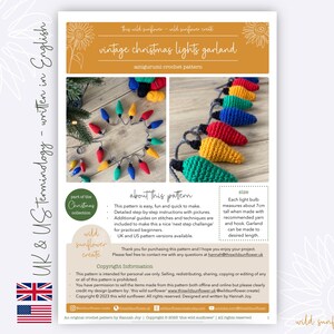 May include: A crochet pattern for a vintage Christmas lights garland. The pattern includes instructions for making a garland of colorful light bulbs, each measuring about 7 inches tall. The pattern is written in both UK and US terminology.