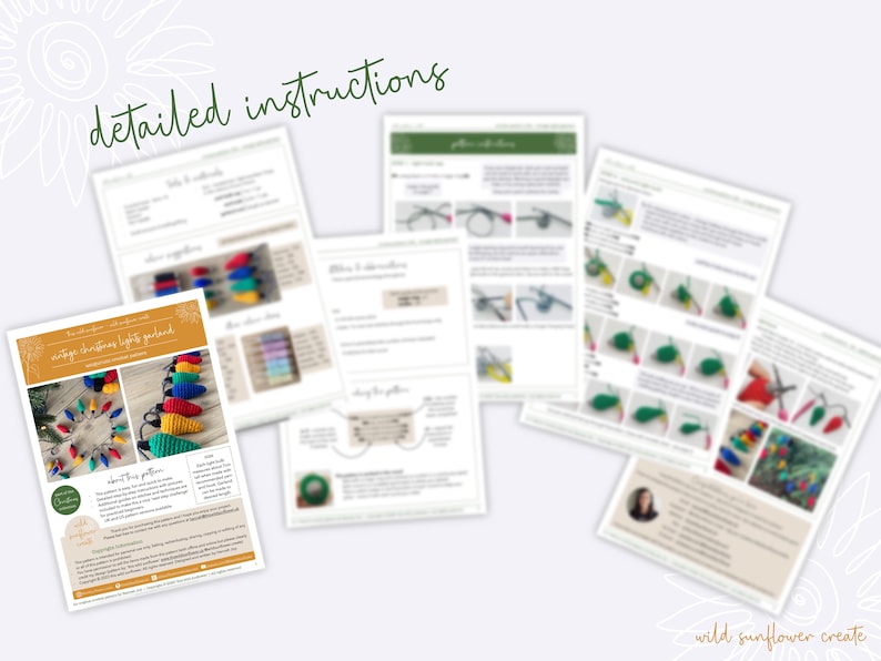 May include: A crochet pattern for a vintage Christmas light garland. The pattern includes detailed instructions and color charts for creating the lights. The image shows a finished garland with colorful lights.