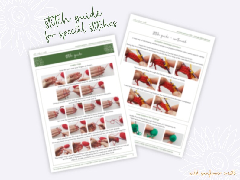 May include: A stitch guide for special stitches with step-by-step instructions and photos. The guide includes instructions for a "magic ring" and other stitches.