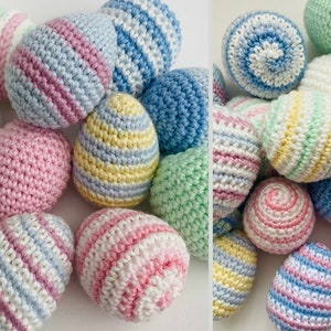 May include: A collection of crocheted Easter eggs in various pastel colors, including pink, blue, green, and yellow. The eggs are striped and have different patterns.