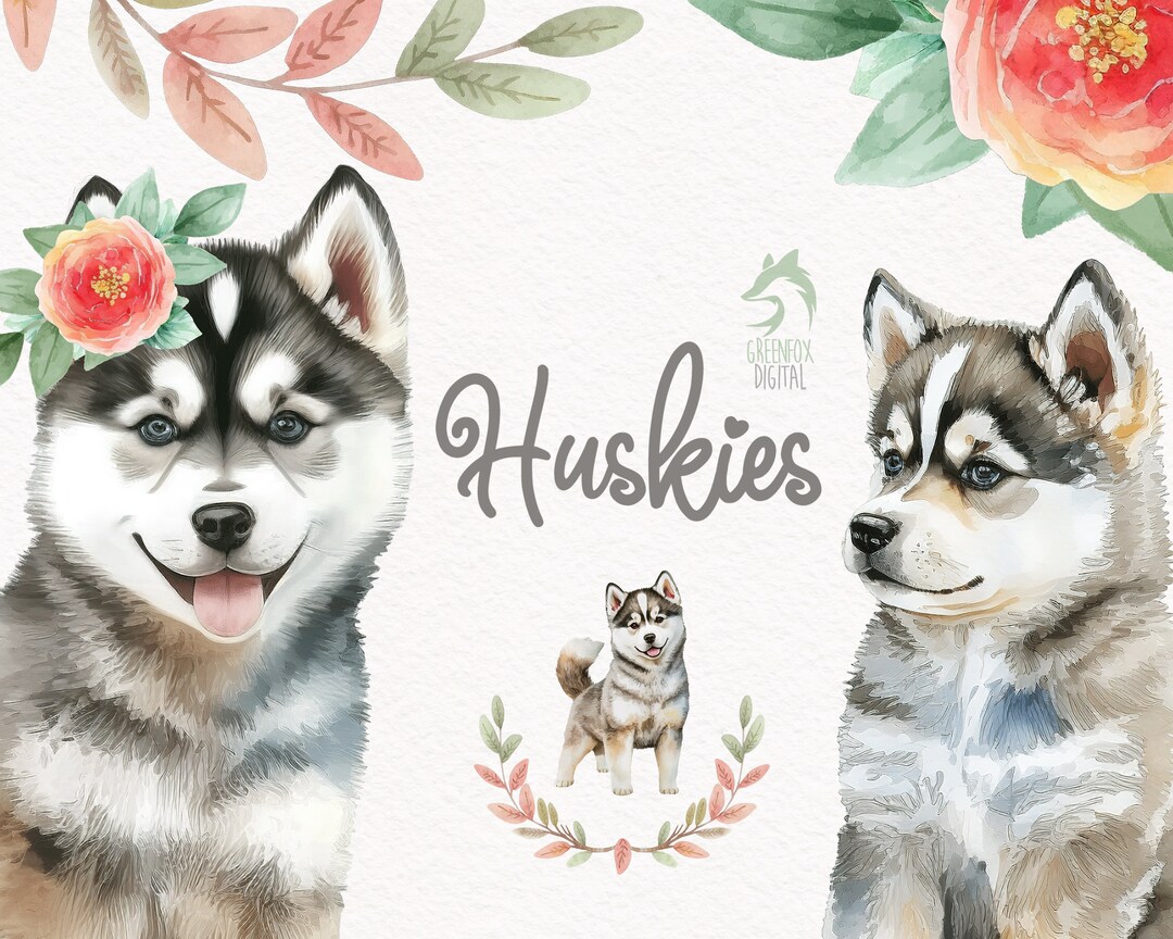 Husky Watercolor Clipart, Cute Dog Nursery Decor Wall Art, Little Pet