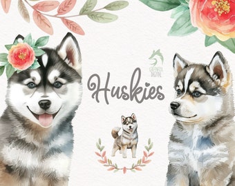 Husky Watercolor Clipart, Cute Dog Nursery Decor Wall Art, Little Pet Doggie Animal