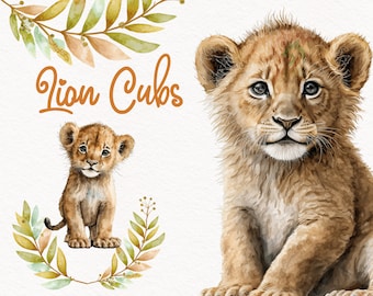 Lion Cub Watercolor Clipart, Cute Baby Shower Graphics, Big Cat Nursery Decor Wall Art, African Zoo Animal