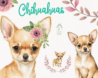 Chihuahua Watercolor Clipart, Cute Dog Nursery Decor Wall Art, Little Pet Doggie Animal