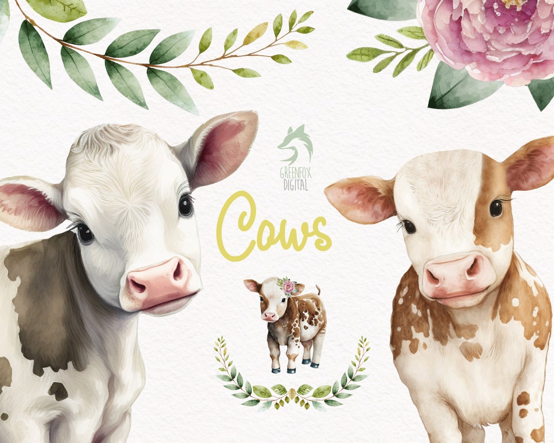 Cow Watercolor Clipart, Cute Baby Shower Graphics, Nursery Decor Wall ...