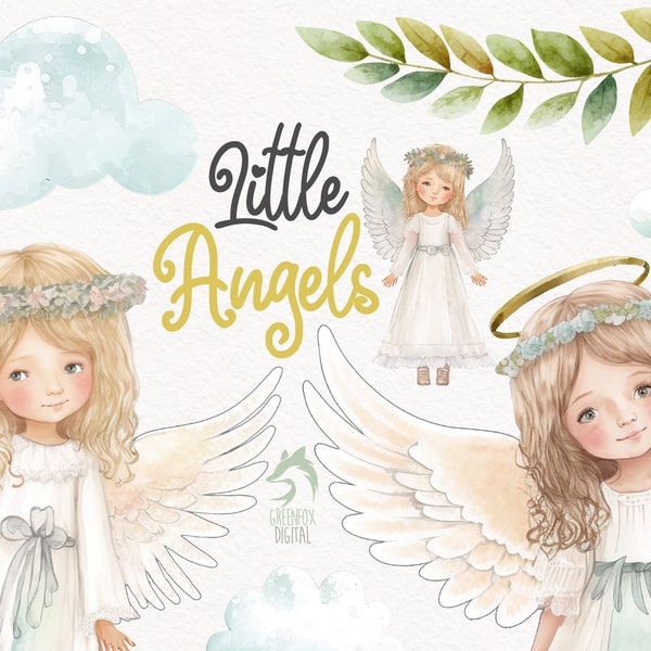 Angel Watercolor Clipart, Cute Little Girl First Communion Graphics, Child Christian Decor Wall Art, Baptism PNG