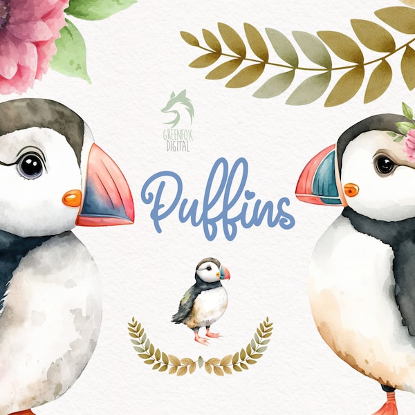 Puffin Watercolor Clipart, Cute Baby Shower Graphics, Bird Nursery Decor Wall Art, Animal PNG